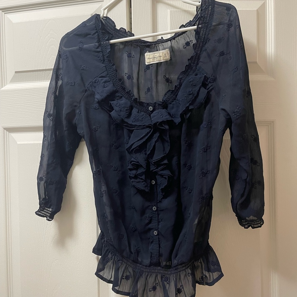 Navy Blue Sheer Blouse with Ruffle Details